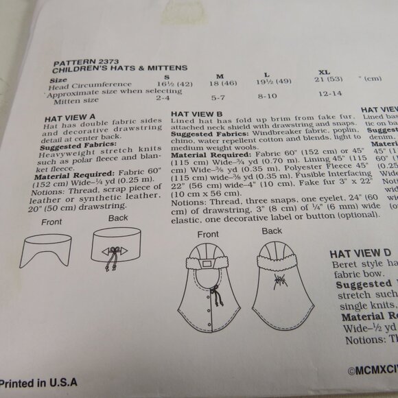 Kwik Sew 2373 Kid Summer Winter Hats & Mittens UNCUT Clothing Patterns - Picture 6 of 6